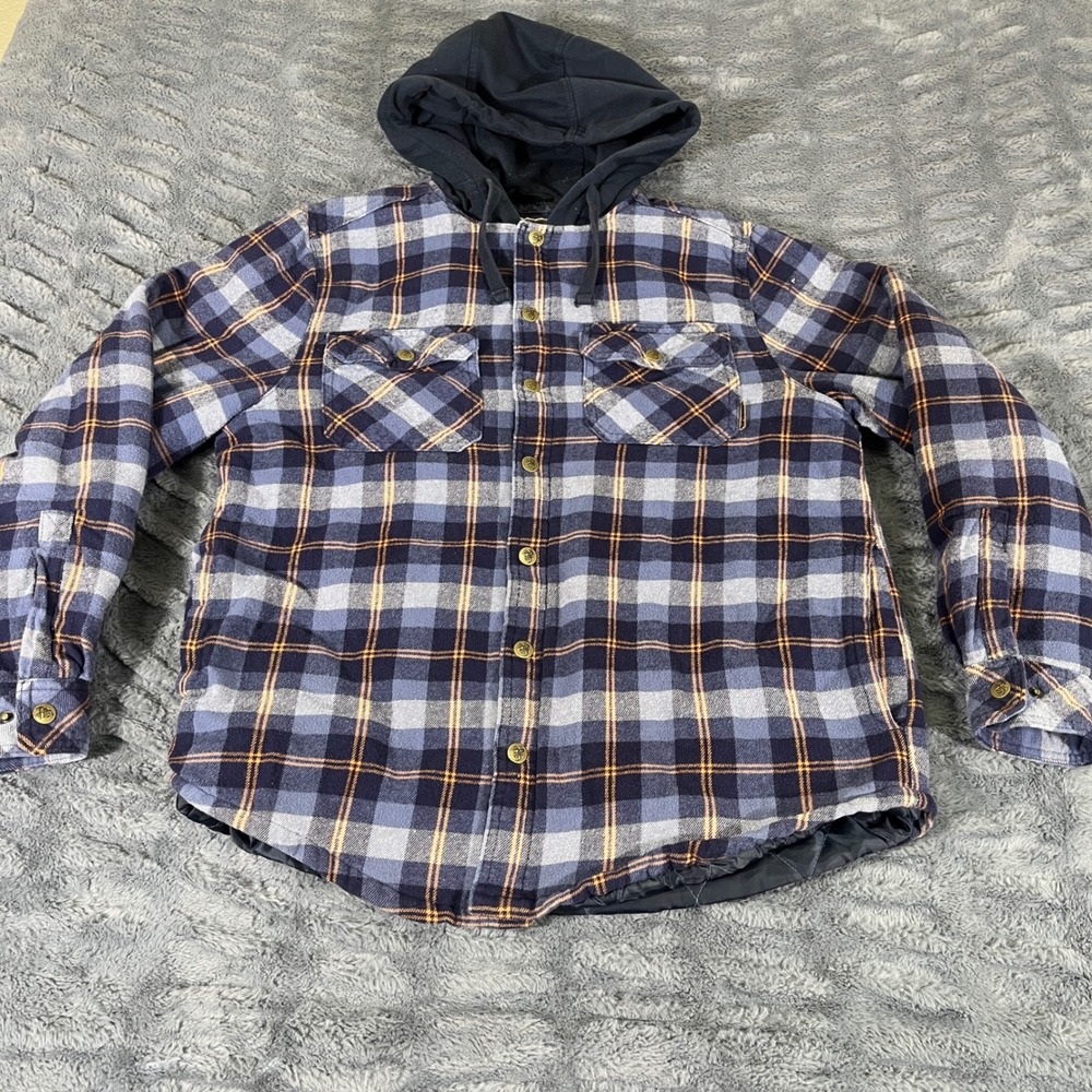 Legendary Outfitters Mens Blue Plaid Quilted Lined Hooded Flannel Shacket Medium
